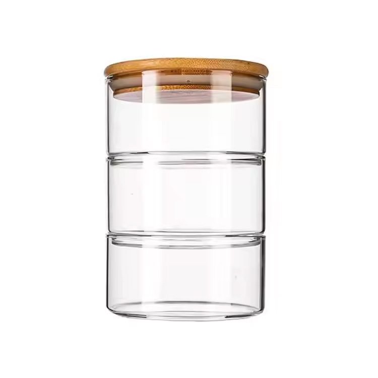 Handgemaakte hoog borosilicaatglas stapelbare glasopslagpot